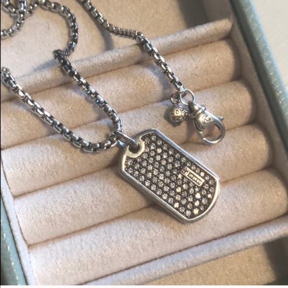 David Yurman Exotic Pavé Gray Sapphire Tag Pendant & Sterling Silver Chain - Picture 2 of 8